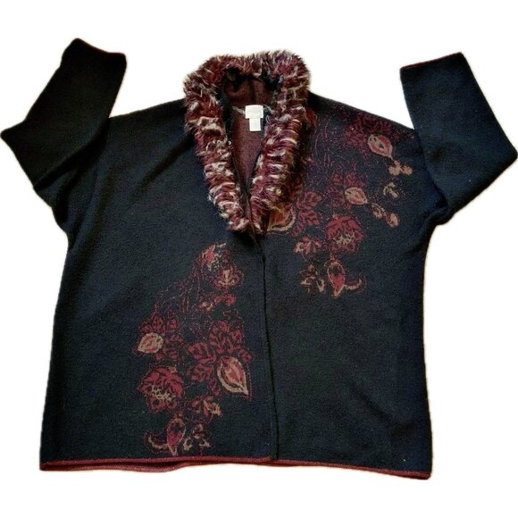 CHICO'S Sequin Beaded Cardigan Sweater Sz 3 (XL) Black/Red 3/4 Sleeve Faux Fur - Picture 3 of 16
